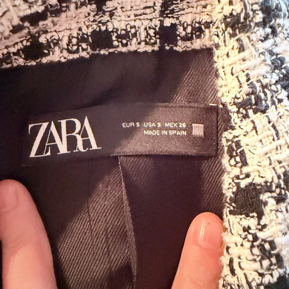 Zara Textured Double Breasted Black and White Houndstooth Plaid Pattern Blazer S - Picture 3 of 6